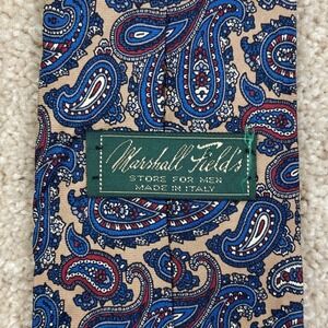 Marshall Field's Mens Blue Red Tan Paisley 100% Silk Necktie Made in Italy